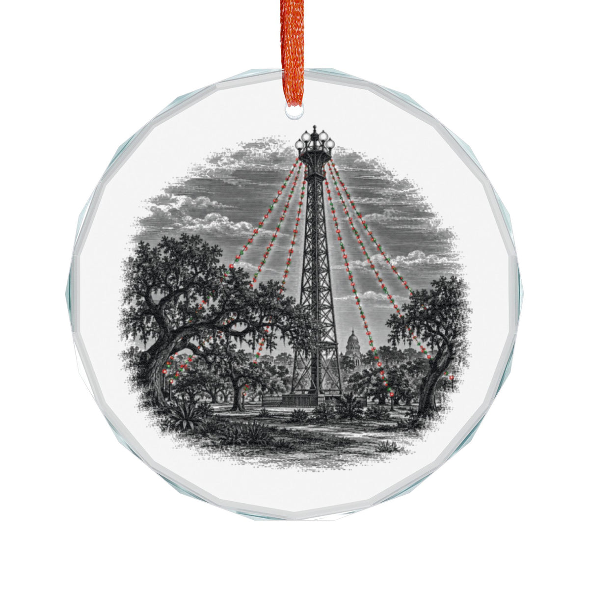 Austin Texas Holiday Ornament, Moonlight Tower, Crystal Glass Ornament Hanging on White