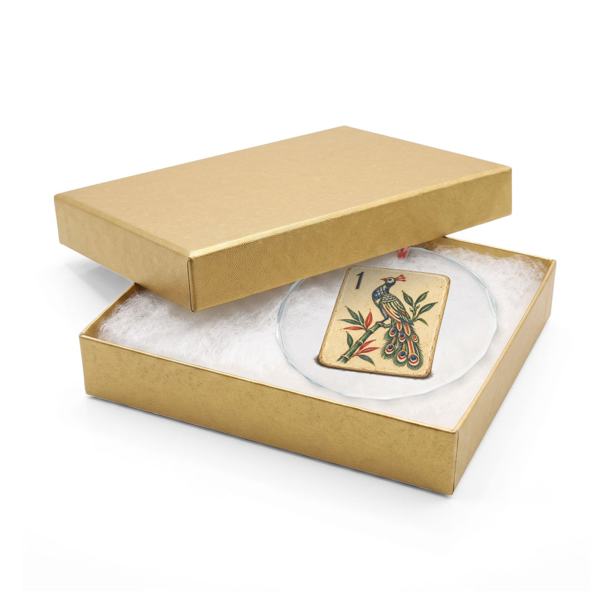 Mahjong Sparrow Tile Crystal Christmas Ornament on the Tree, One Bamboo Peacock Tile in the Style of an Antique Bone Set