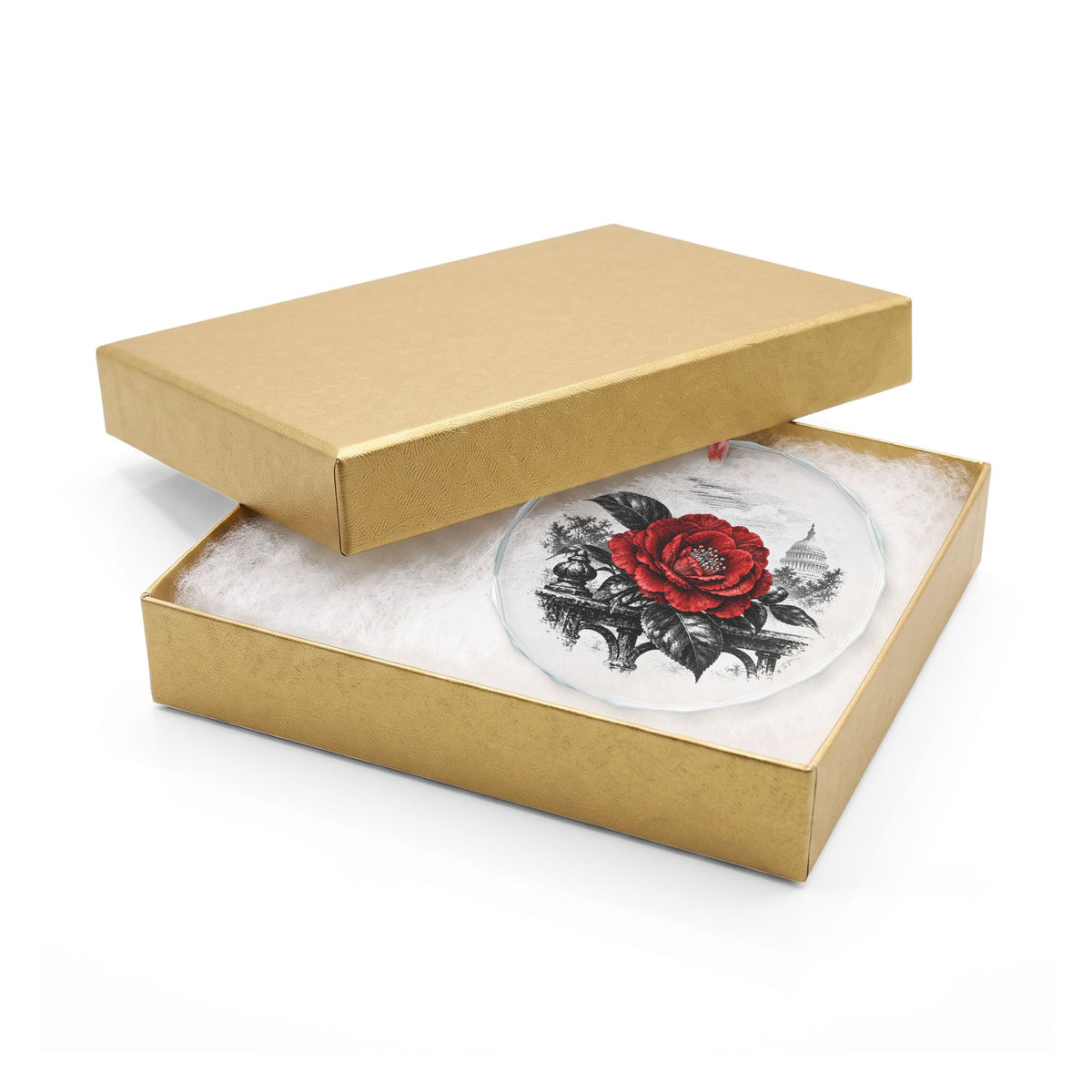 Sacramento California Holiday Ornament, Camellia, Crystal Glass Ornament in Gold Gift Box