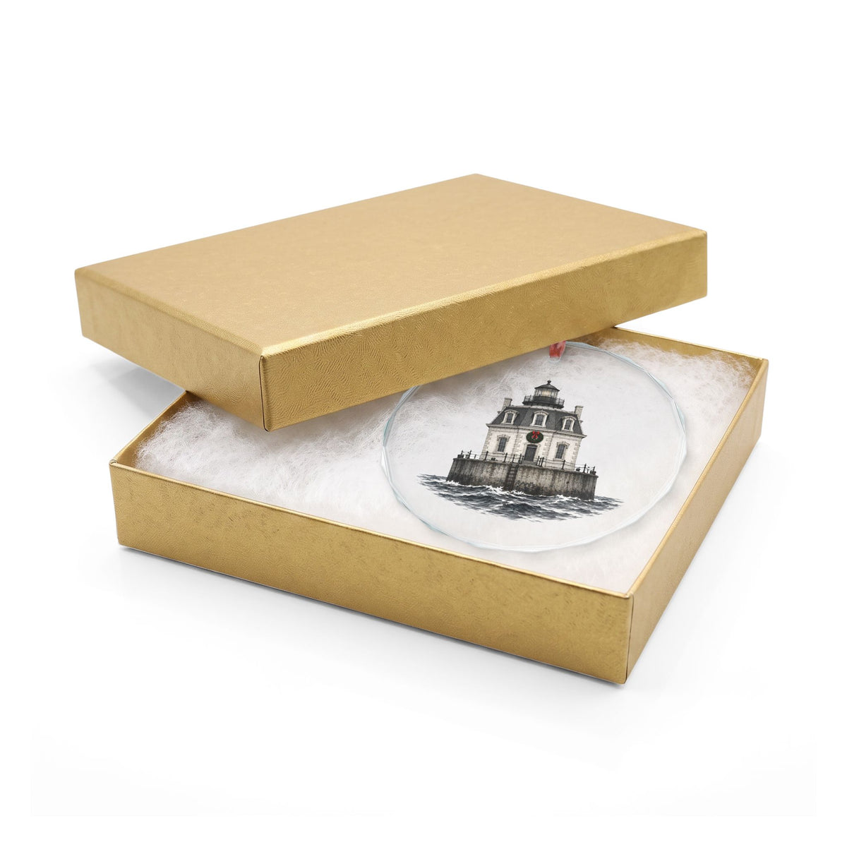 Fairfield, Connecticut Holiday Ornament — The Stone House a Mile Offshore — crystal ornament hanging by red ribbon, faceted beveled edge