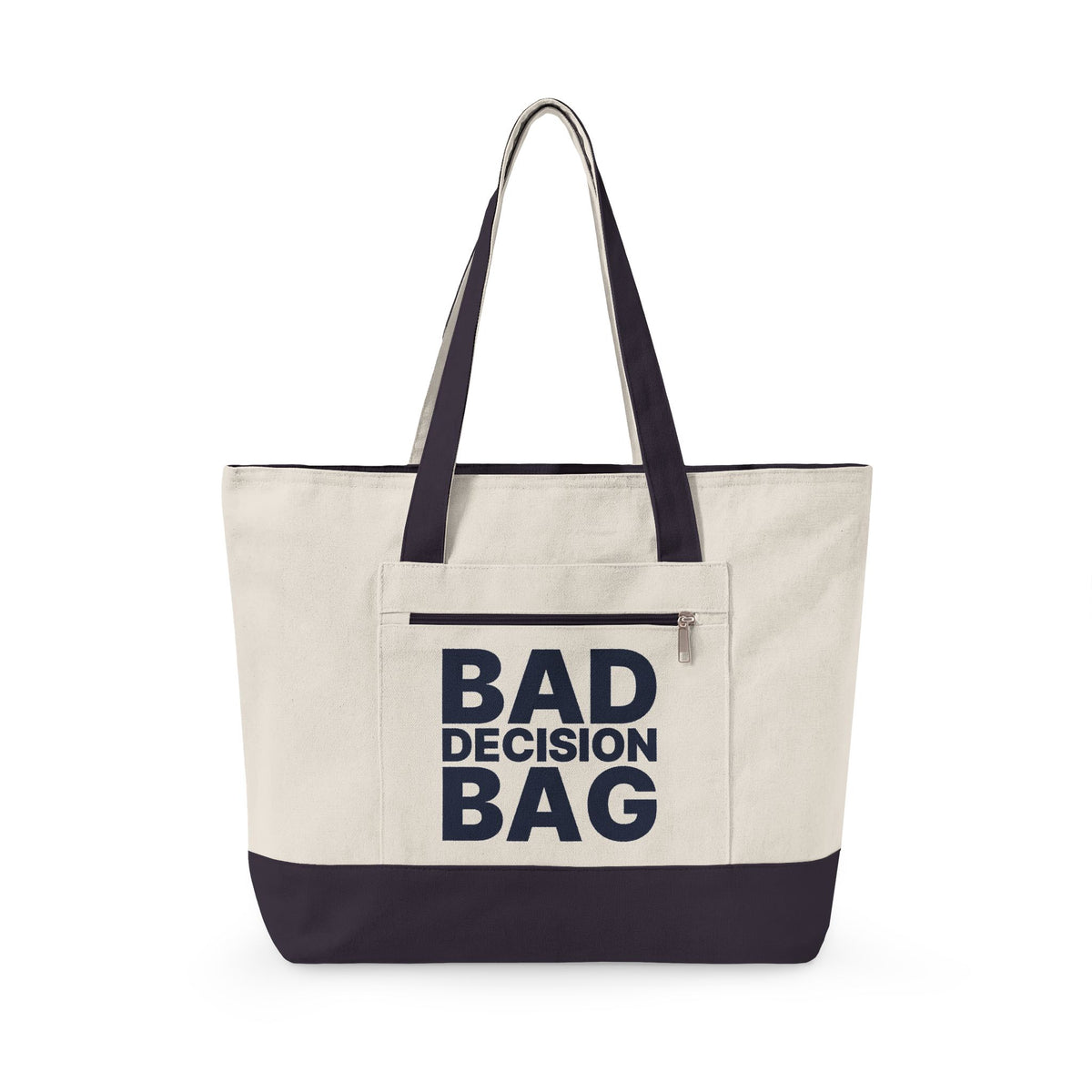Natural/Navy Bad Decision Bag MTK Zippered Canvas Tote, Funny Montauk Beach Bag