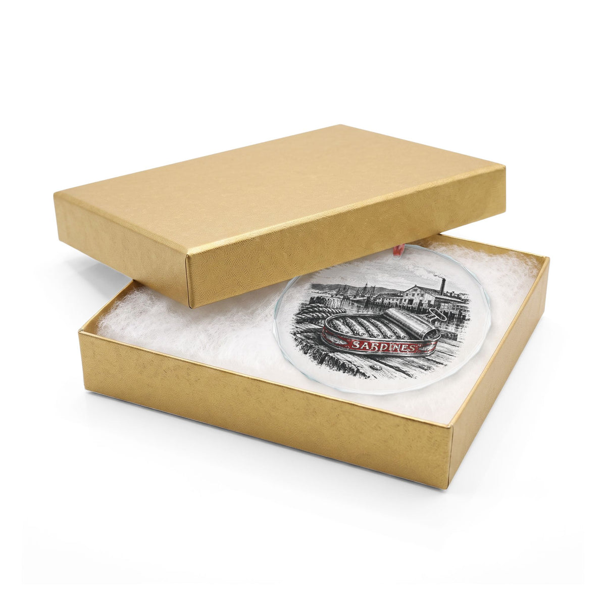 Monterey California Holiday Ornament, Cannery Sardine Tin, Crystal Glass Ornament in Gold Gift Box