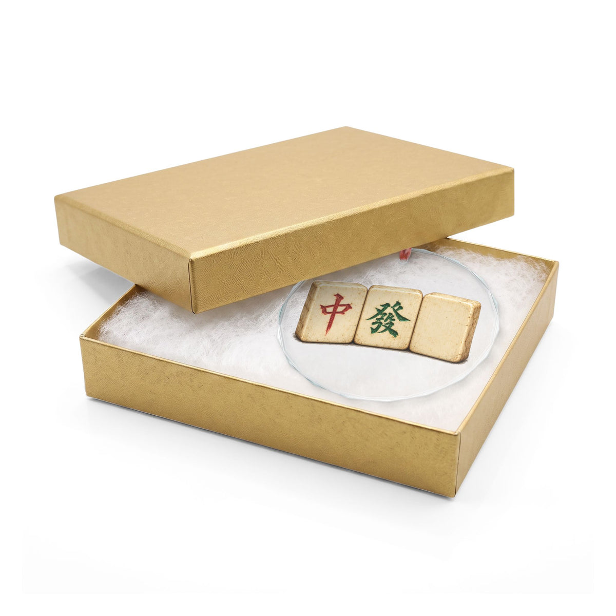 Mahjong Three Honors Crystal Christmas Ornament on the Tree, Red Green and Blank White Dragon Tiles on Aged Bone