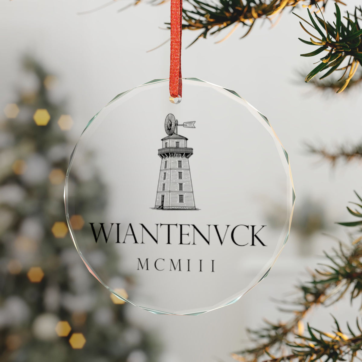 Wiantenuck 1903 Crystal Glass Holiday Ornament Shown on a Lit Tree, Windmill Tower With Wheel and Vane