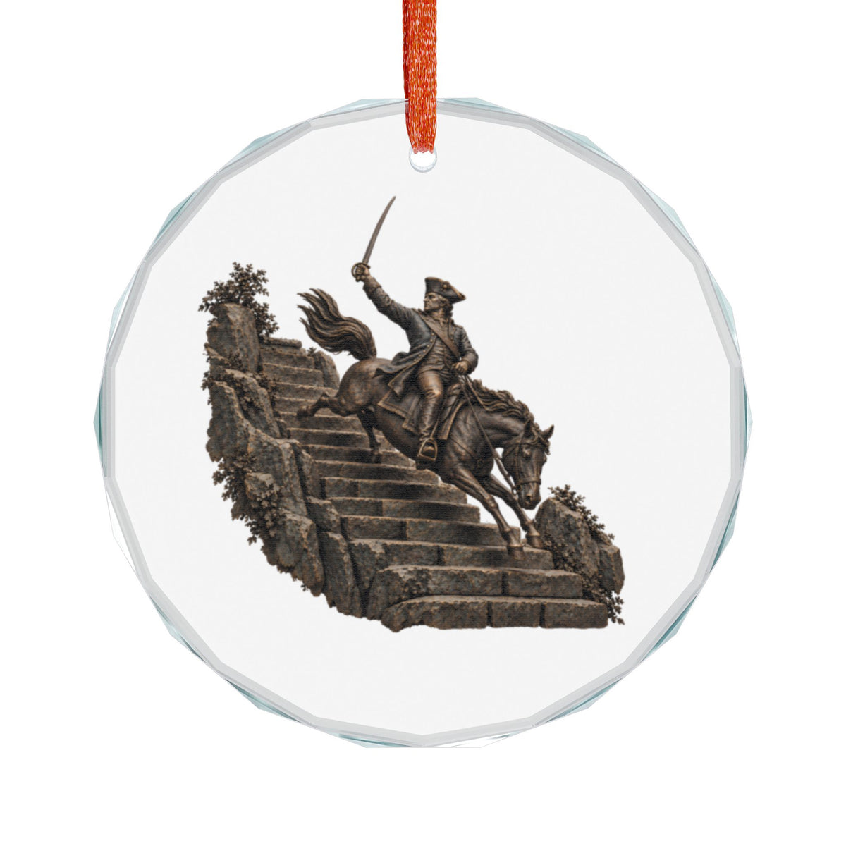 Bronze-Look Figure of General Israel Putnam on Horseback, Sword Raised, Riding Down Stone Steps on a Faceted Crystal Glass Ornament, Clear, Front View on White, Redding, Connecticut
