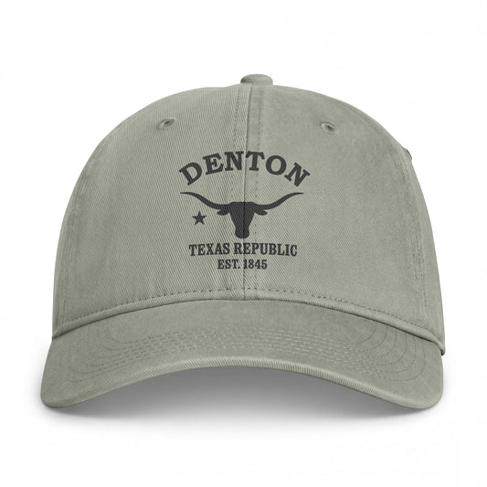 Denton Texas Retro Vintage Washed Cap in Sandstone, Charcoal Printed Town Logo