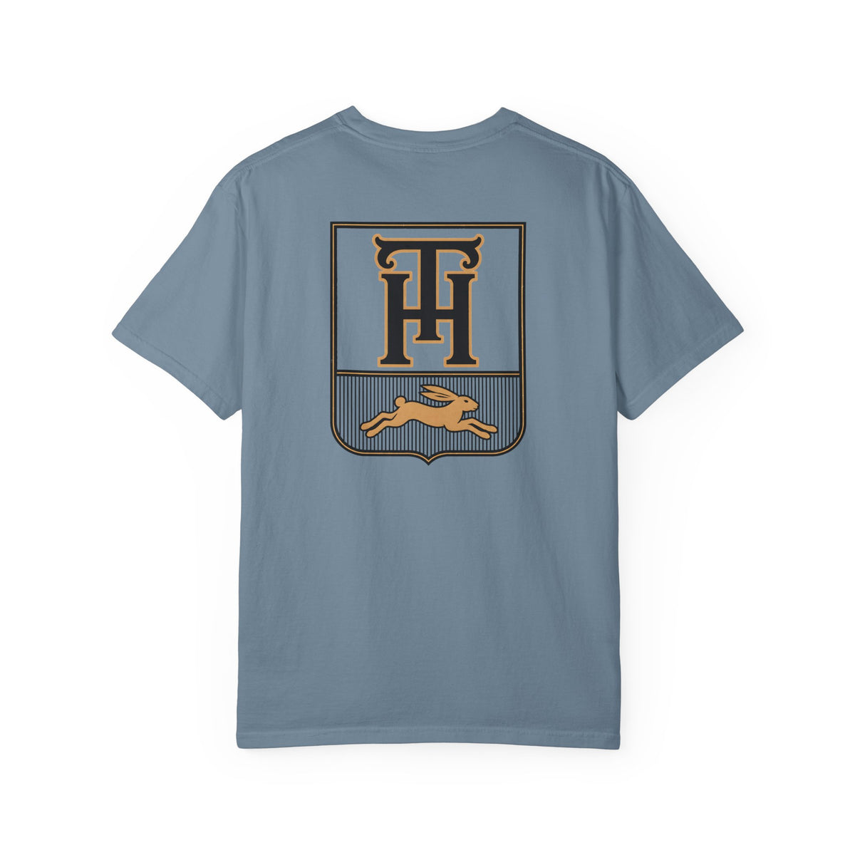 Ice Blue Team Haas Tee with TH Family Crest and Leaping Hare Seal, Comfort Colors 1717