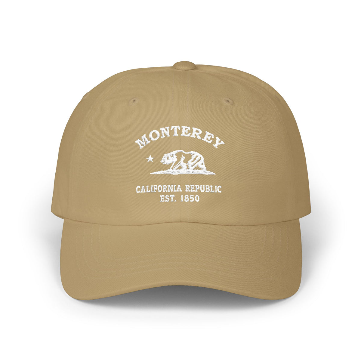 Monterey California Vintage Retro Embroidered Cotton Cap, Khaki, White Logo
