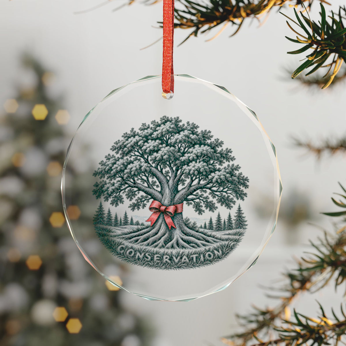 Faceted Crystal Holiday Ornament Shown on a Lit Tree, Art: Big Oak Tree with a Red Ribbon at the Trunk and Conservation Lettered in the Grass, Heritage Series