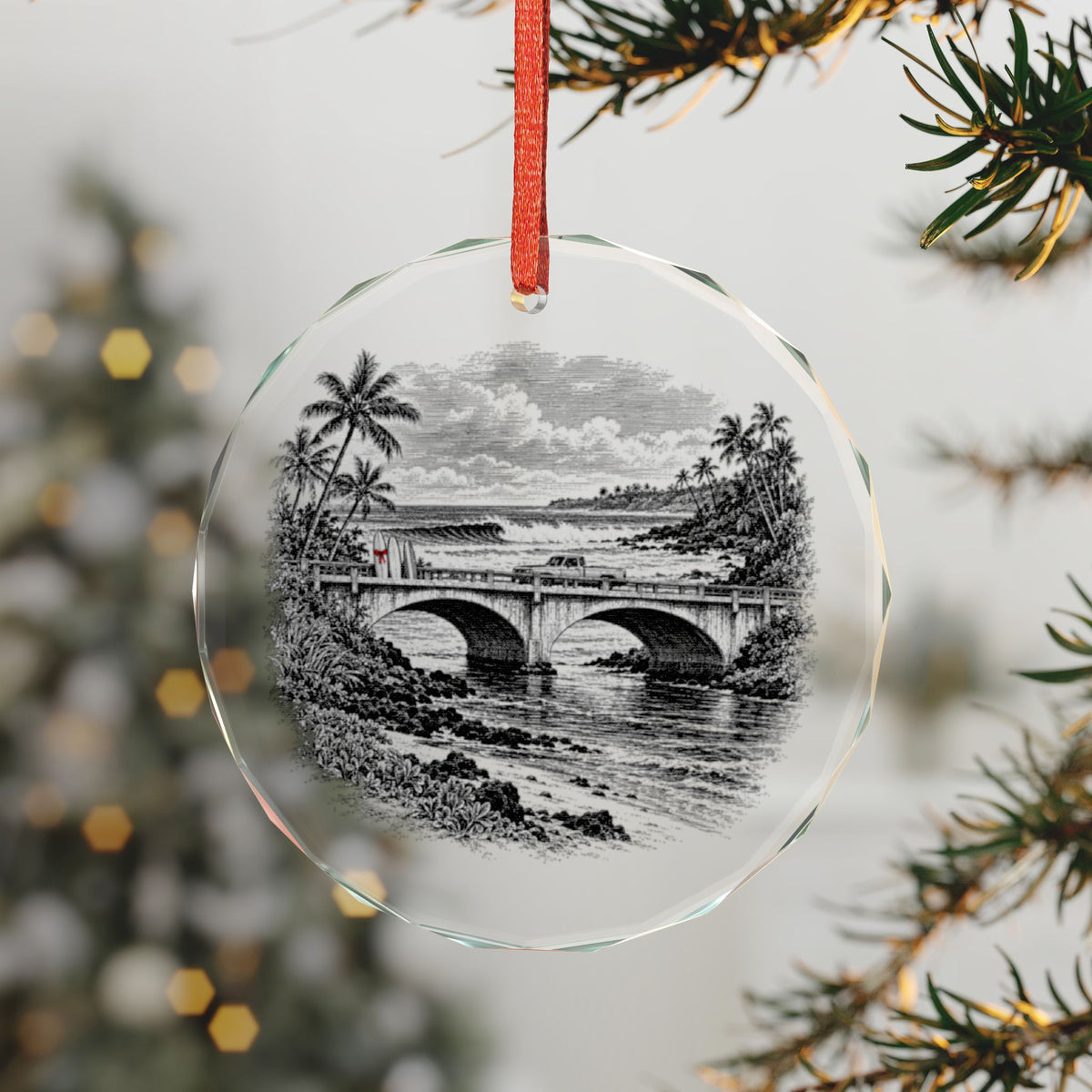 North Shore Hawaii Holiday Ornament, Rainbow Bridge, Crystal Glass Ornament Hanging on a Christmas Tree