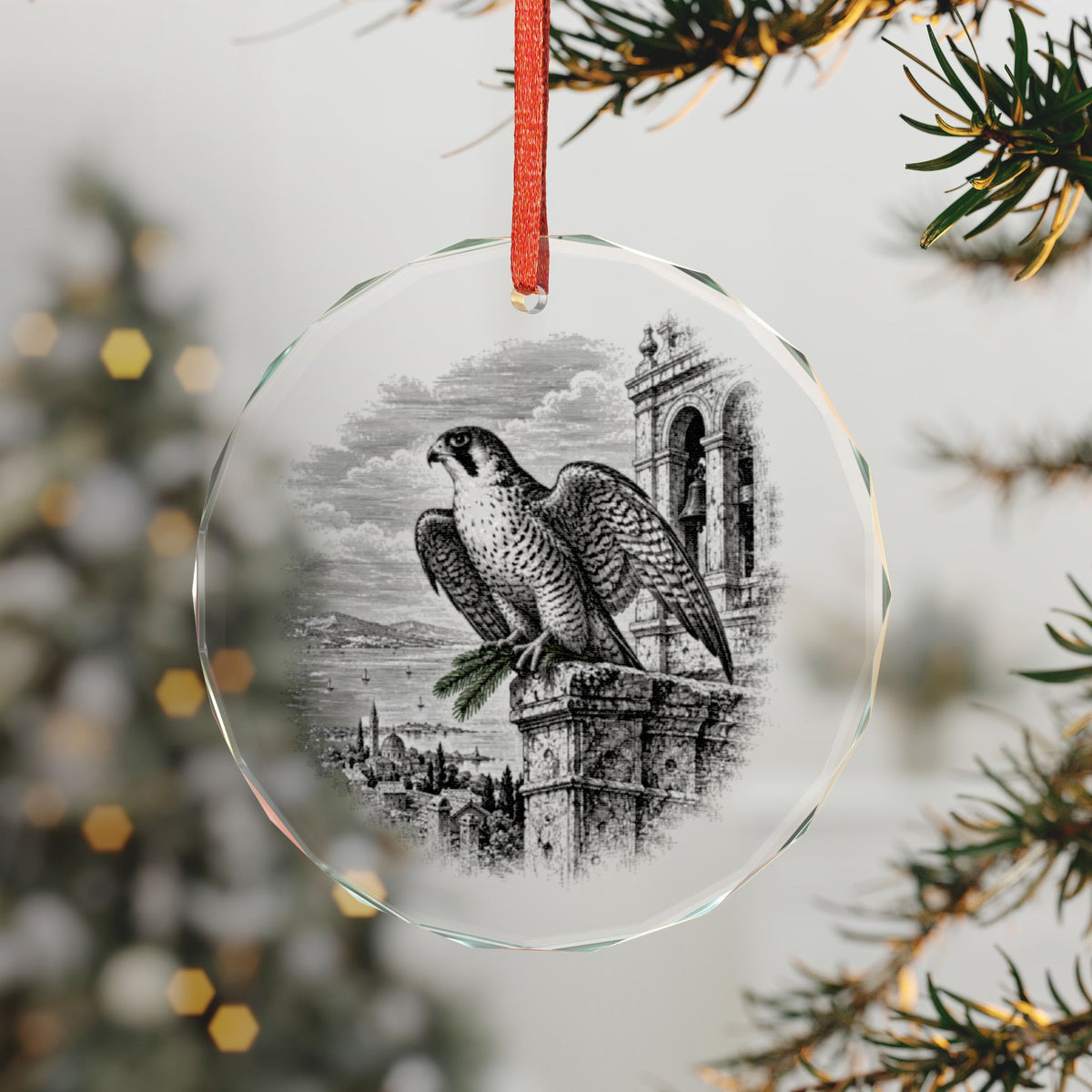 Berkeley California Holiday Ornament, Peregrine Falcon, Crystal Glass Ornament Hanging on a Christmas Tree