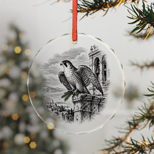 Berkeley California Holiday Ornament, Peregrine Falcon, Crystal Glass Ornament Hanging on a Christmas Tree