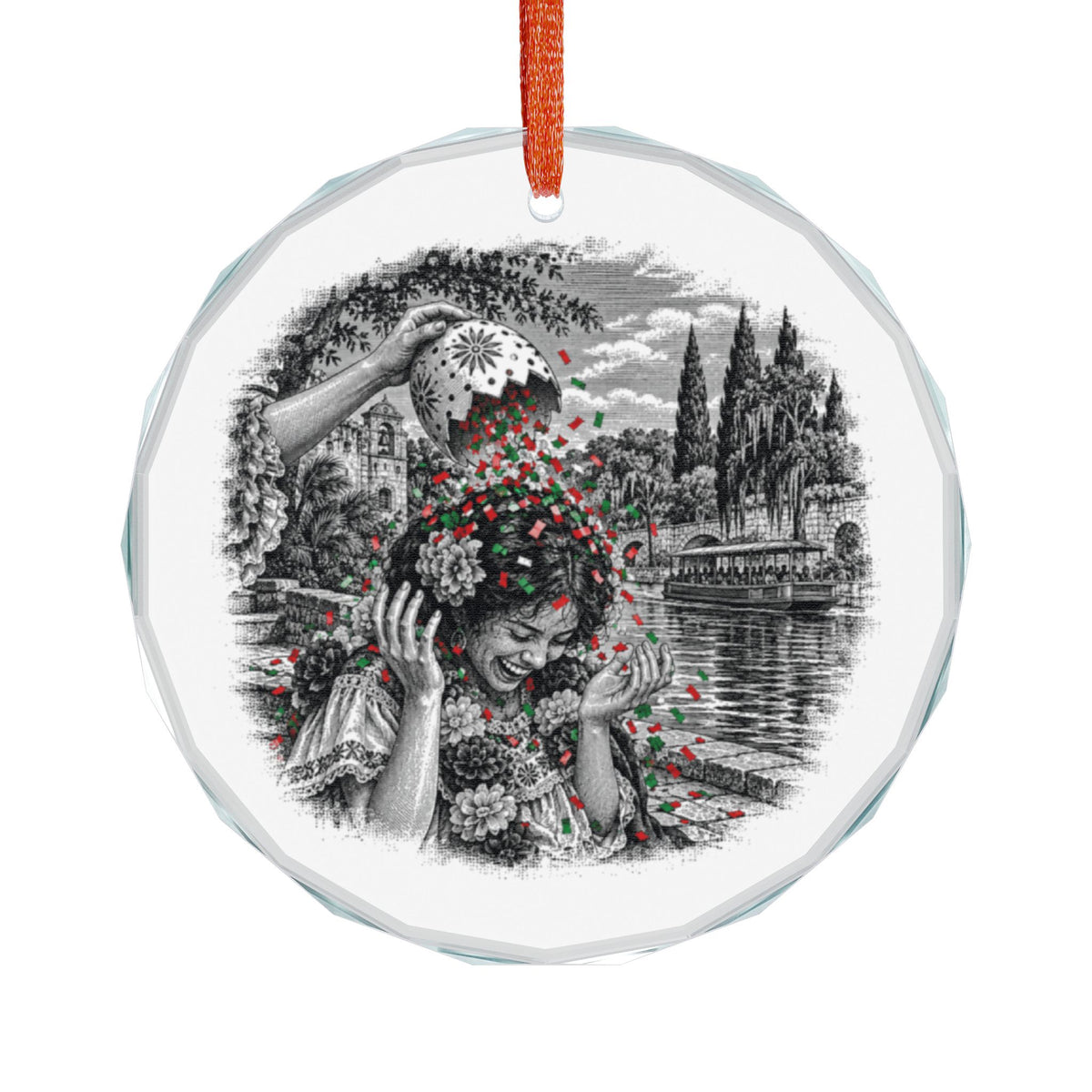 San Antonio Texas Holiday Ornament, Fiesta Cascaron, Crystal Glass Ornament Hanging on White