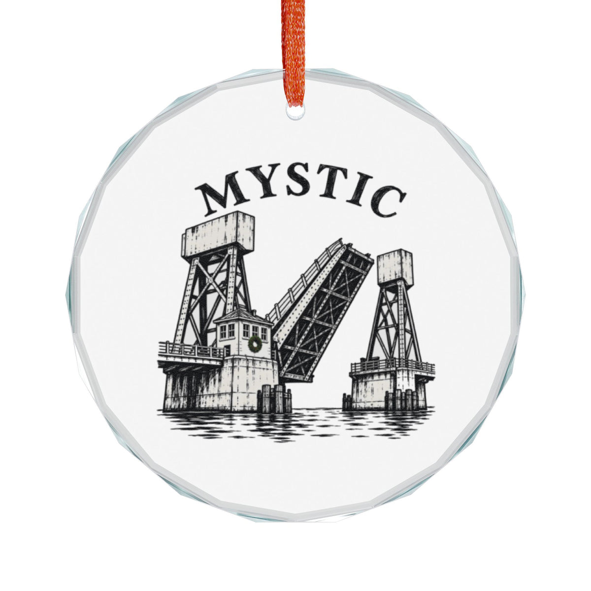 Mystic, Connecticut Holiday Ornament — The Bridge That Stops the Traffic — front view: the 1920 bascule bridge at mid-lift in heavy woodcut line: two massive concrete counterweights on latticed steel towers, the roadway leaf raised at a steep angle, tender's house at center with a small green wreath