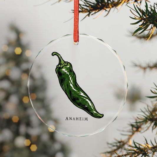 Anaheim, California Holiday Ornament — The Chile That Took the Town's Name — 3-inch faceted crystal glass ornament in white gift box