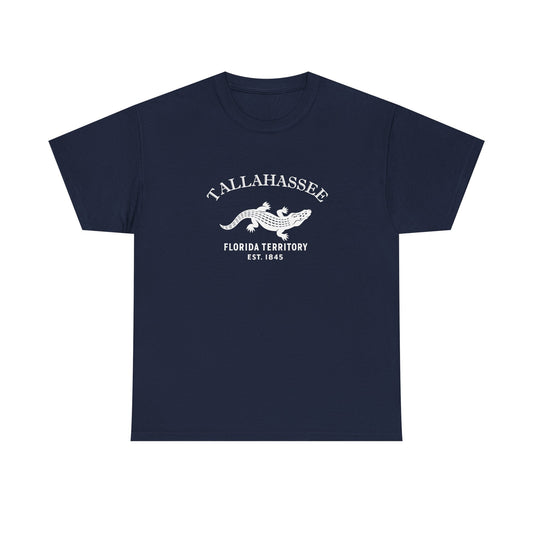 Tallahassee Florida Vintage Style Unisex Heavy Cotton Tee - White Retro Alligator Logo, Navy