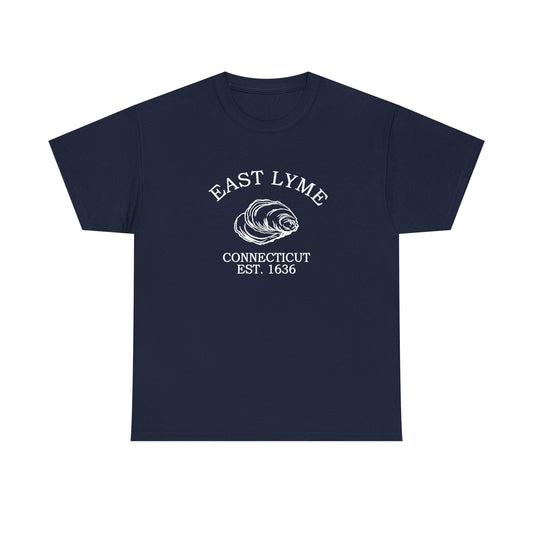 East Lyme Connecticut Vintage Style Unisex Heavy Cotton Tee - White Retro Oyster Logo, Navy