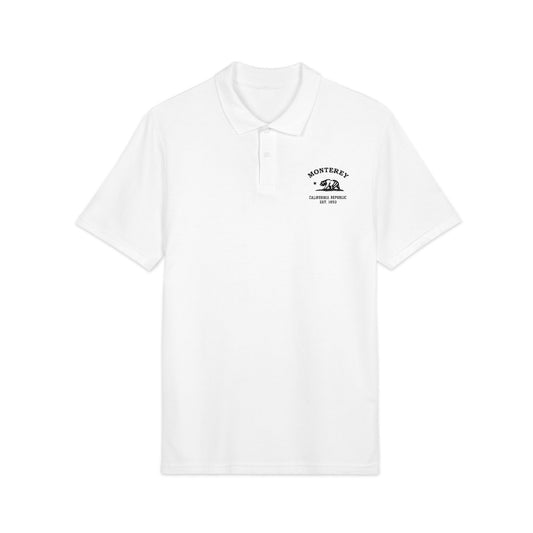 Monterey California Vintage Retro Unisex Embroidered Cotton Polo, White, Black Logo