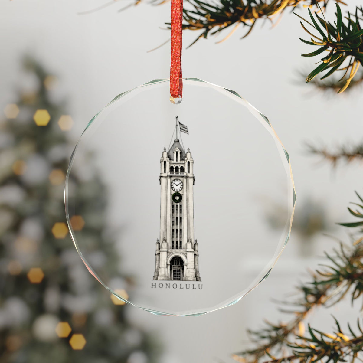 Honolulu Hawaii Christmas Ornament on a Lit Tree, Aloha Tower Art on Faceted Crystal