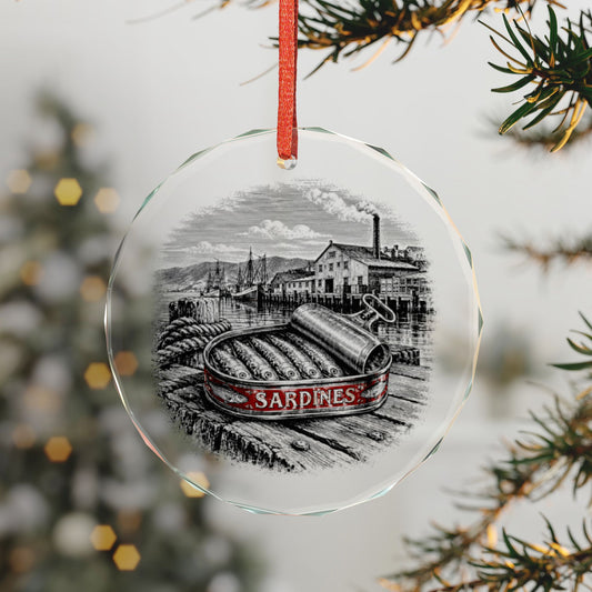 Monterey California Holiday Ornament, Cannery Sardine Tin, Crystal Glass Ornament Hanging on a Christmas Tree