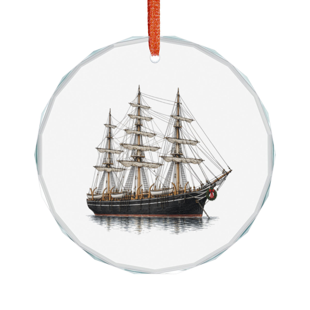 Mystic, Connecticut Holiday Ornament — Five Small Boats and a Three-Year Voyage — angled view of the gem-cut crystal edge catching light