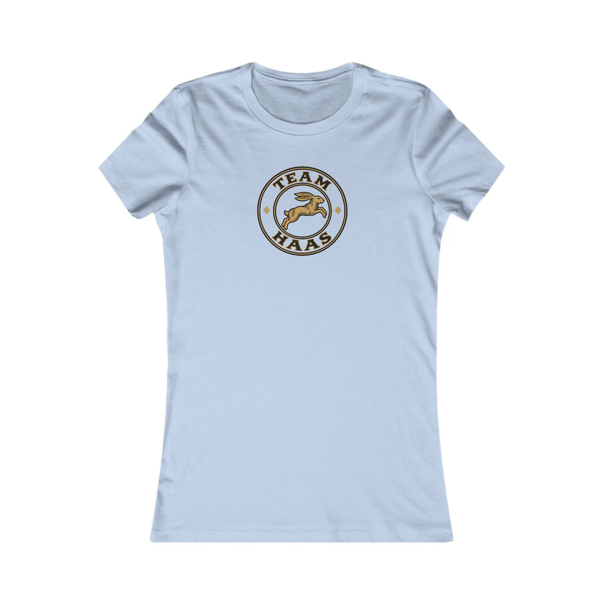 Baby Blue Team Haas Women's Fitted Tee with the Leaping Hare Badge, Ringspun Cotton