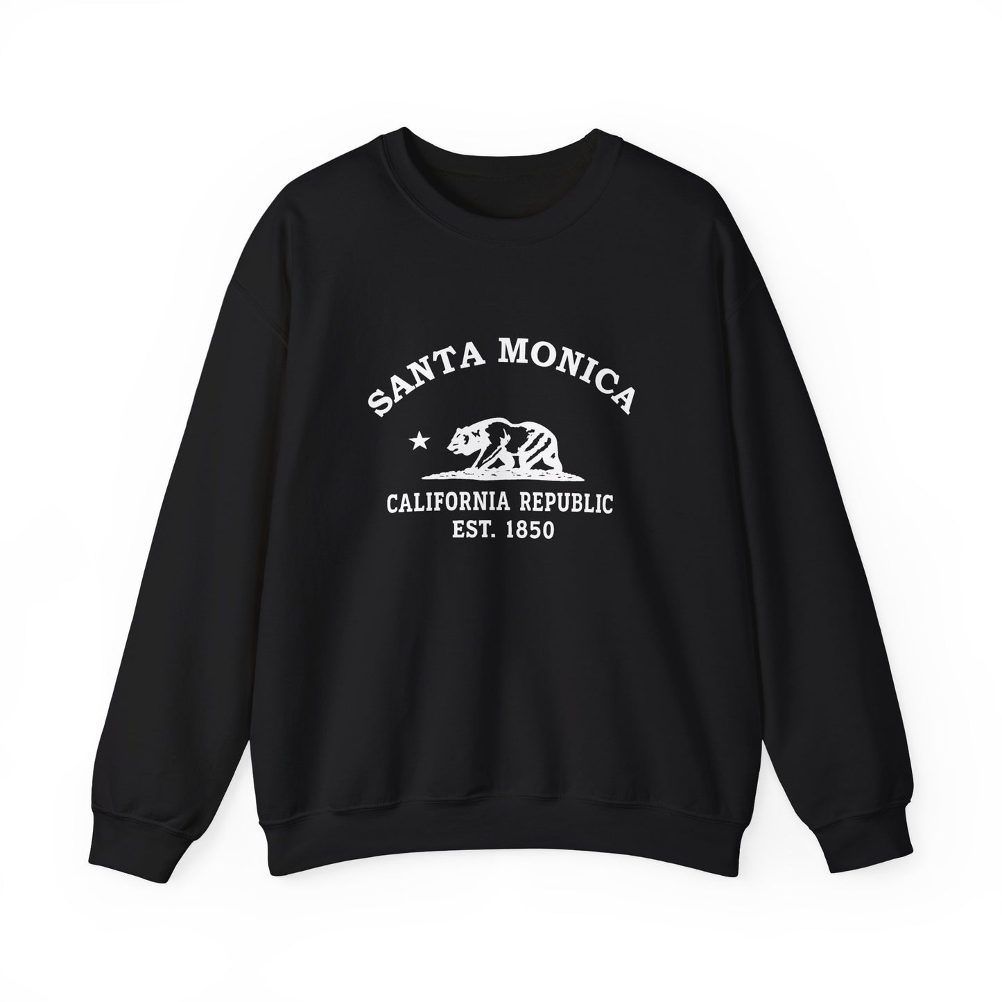 Santa Monica California Vintage Style Unisex Heavy Crewneck Sweatshirt - White Retro Bear Logo, Black