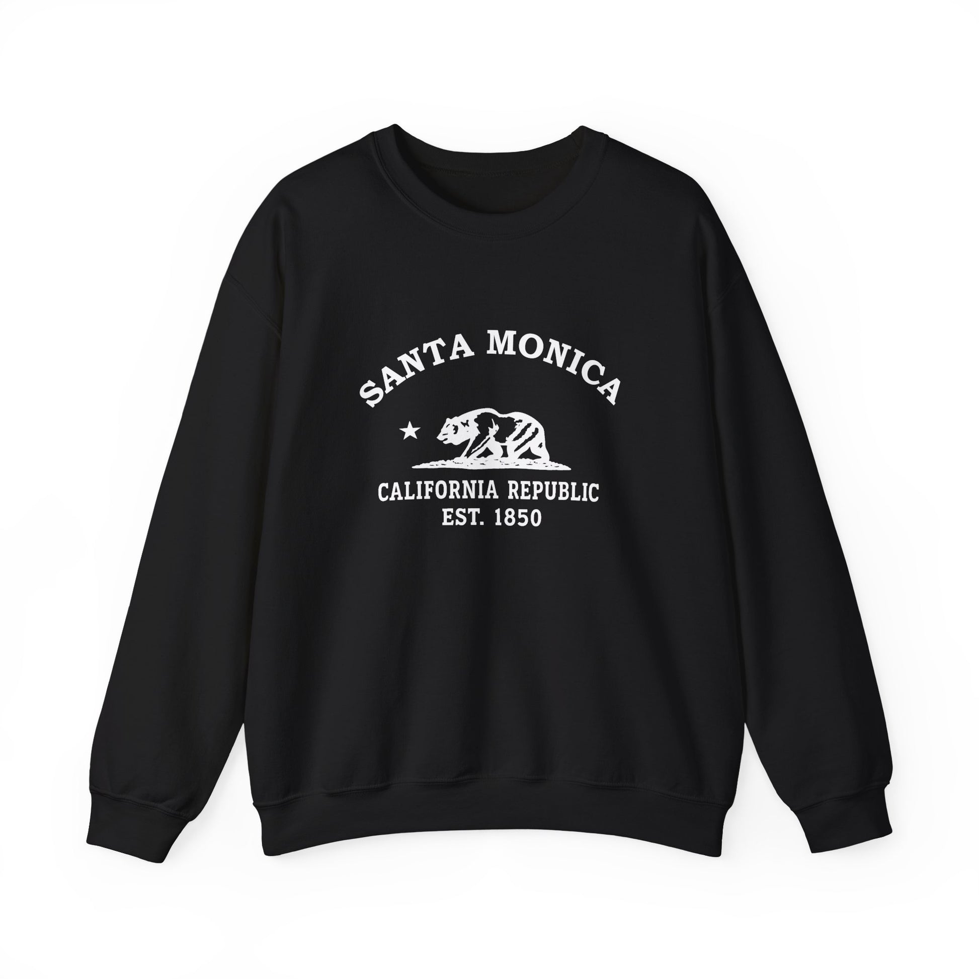 Santa Monica California Vintage Style Unisex Heavy Crewneck Sweatshirt - White Retro Bear Logo, Black