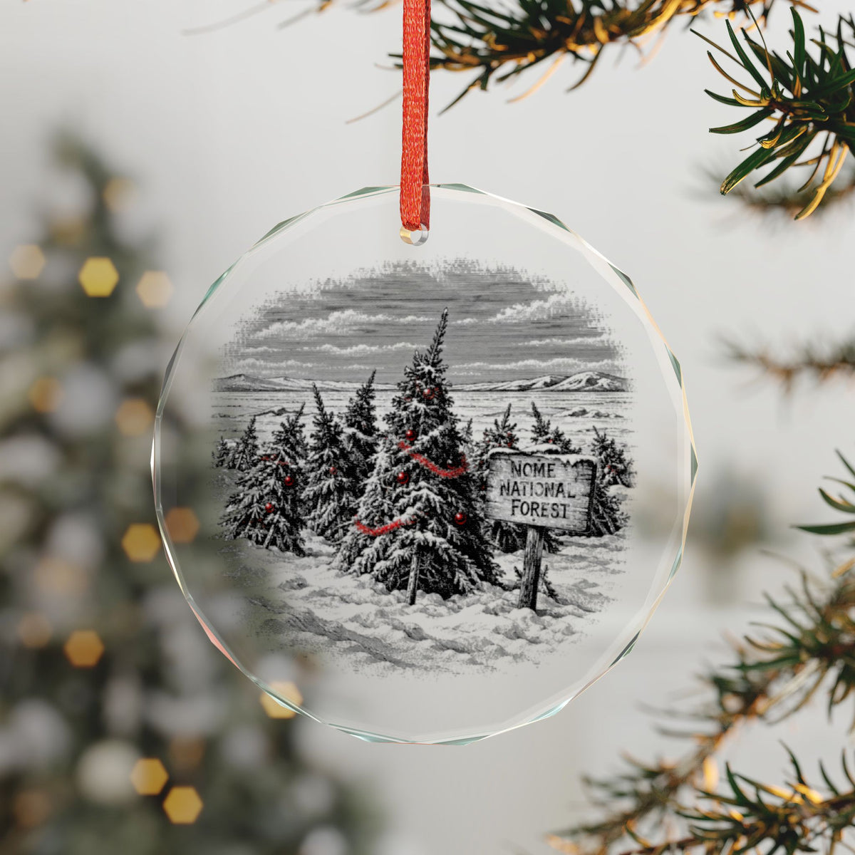 Nome Alaska Holiday Ornament, Nome National Forest, Crystal Glass Ornament Hanging on a Christmas Tree