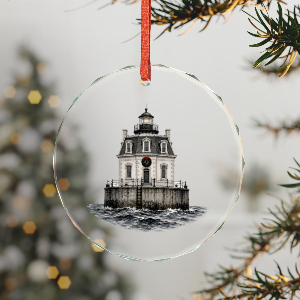 Fairfield, Connecticut Holiday Ornament — The Stone House a Mile Offshore — 3-inch faceted crystal glass ornament in white gift box