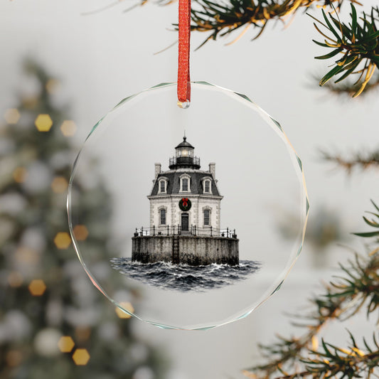Fairfield, Connecticut Holiday Ornament — The Stone House a Mile Offshore — 3-inch faceted crystal glass ornament in white gift box