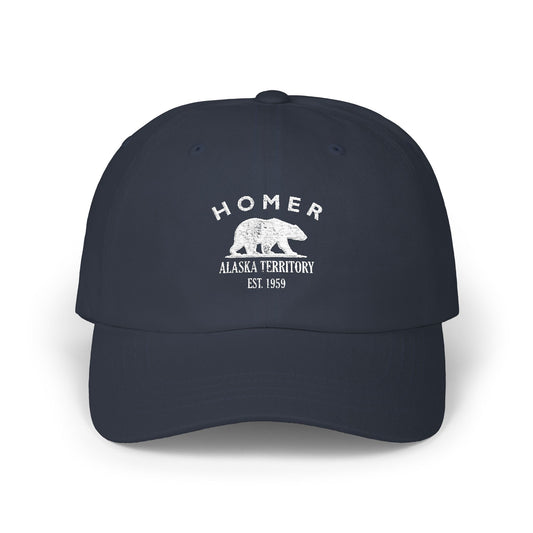 Homer Alaska Vintage Style Embroidered Cotton Cap - White Retro Bear Logo, Navy