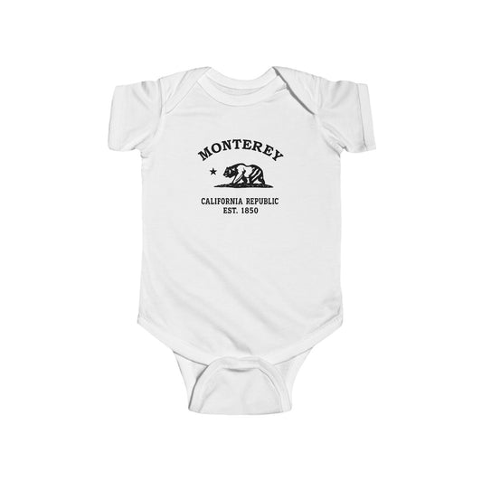 Monterey California Vintage Retro Cotton Jersey Baby Bodysuit, White, Black Logo