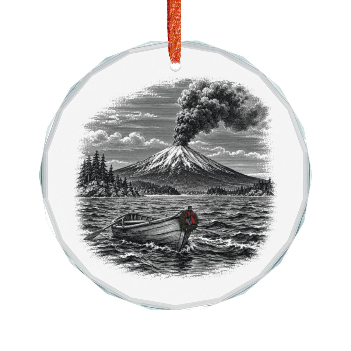 Sitka Alaska Holiday Ornament, Edgecumbe Smoke, Crystal Glass Ornament Hanging on White