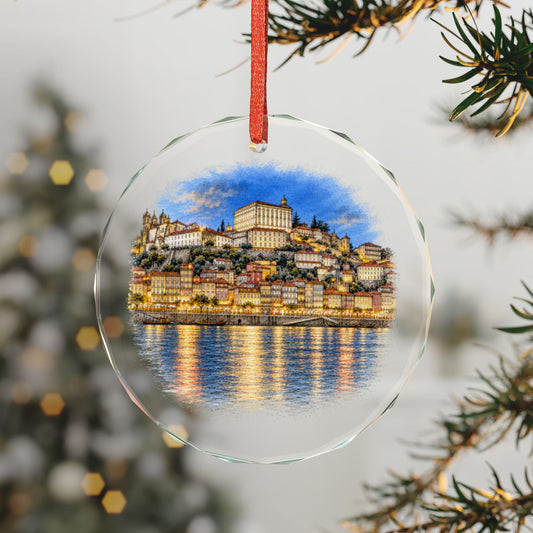Porto Portugal Crystal Holiday Ornament on a Lit Tree, the Ribeira at Dusk Over the Douro