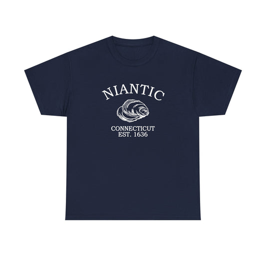 Niantic Connecticut Vintage Style Unisex Heavy Cotton Tee - White Retro Oyster Logo, Navy