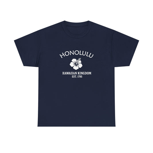 Honolulu Hawaii Vintage Style Unisex Heavy Cotton Tee - White Retro Hibiscus Logo, Navy