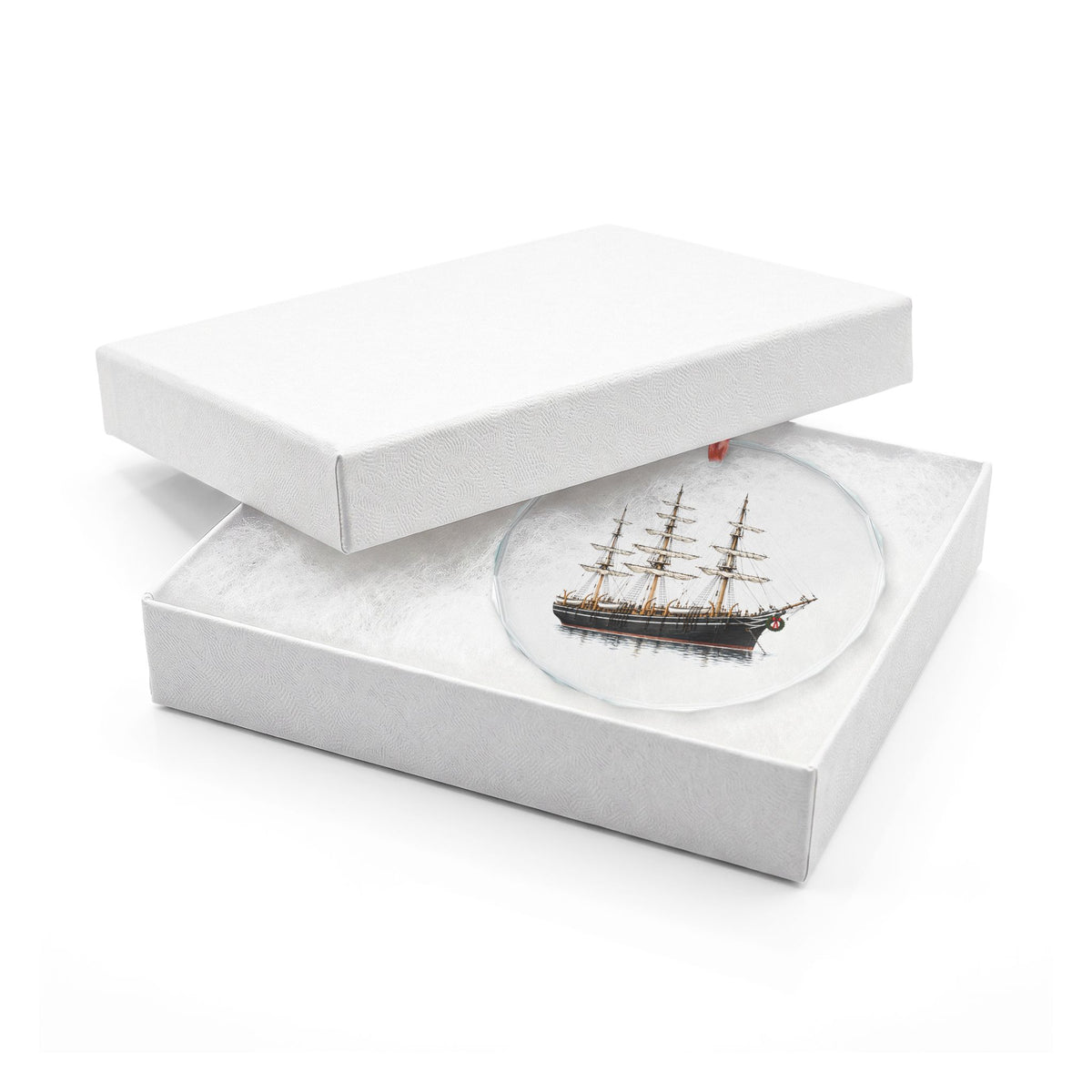 Mystic, Connecticut Holiday Ornament — Five Small Boats and a Three-Year Voyage — close-up detail of the printed art on crystal glass