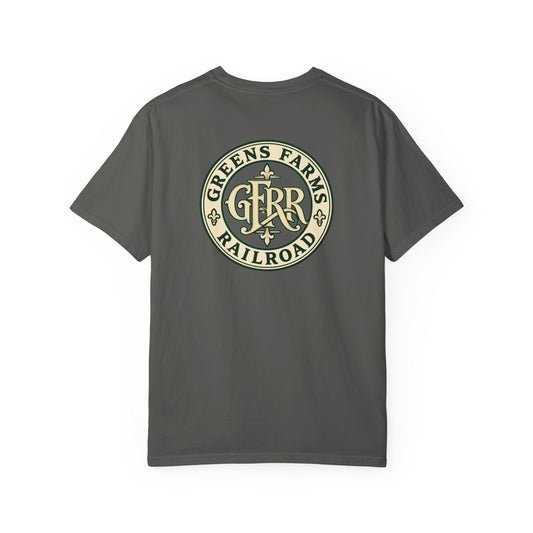 Pepper Greens Farms Railroad tee with vintage GFRR monogram seal — Comfort Colors 1717