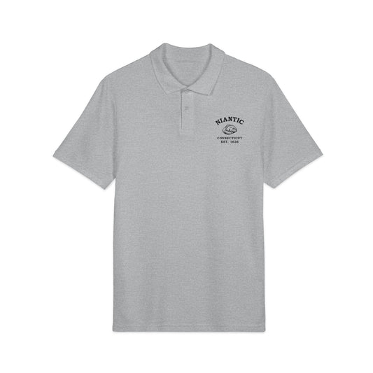 Niantic Connecticut Vintage Retro Unisex Embroidered Cotton Polo, White, Black Logo, Merlin Classics