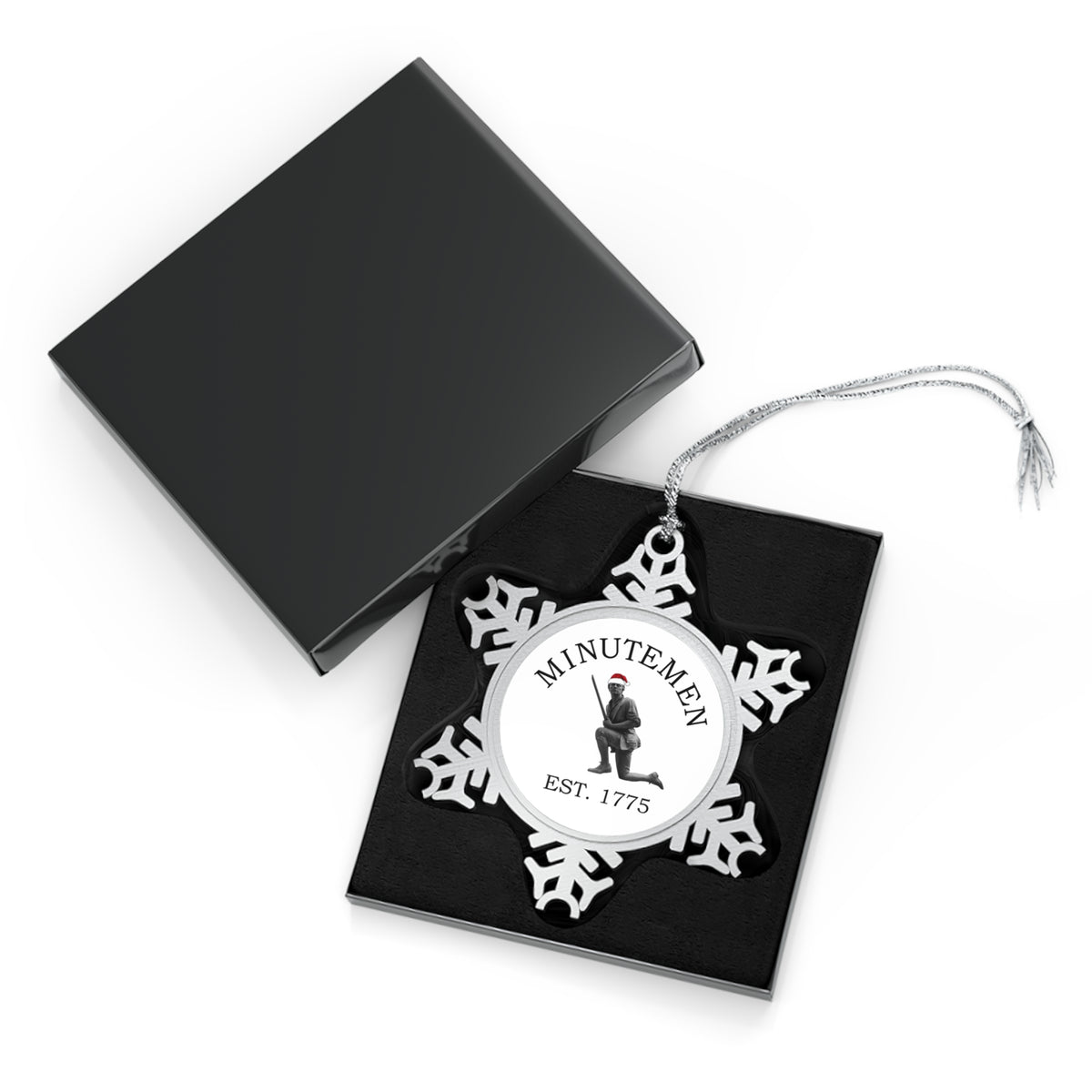 Minuteman pewter snowflake ornament in its black gift presentation box — boxed pewter Christmas ornament