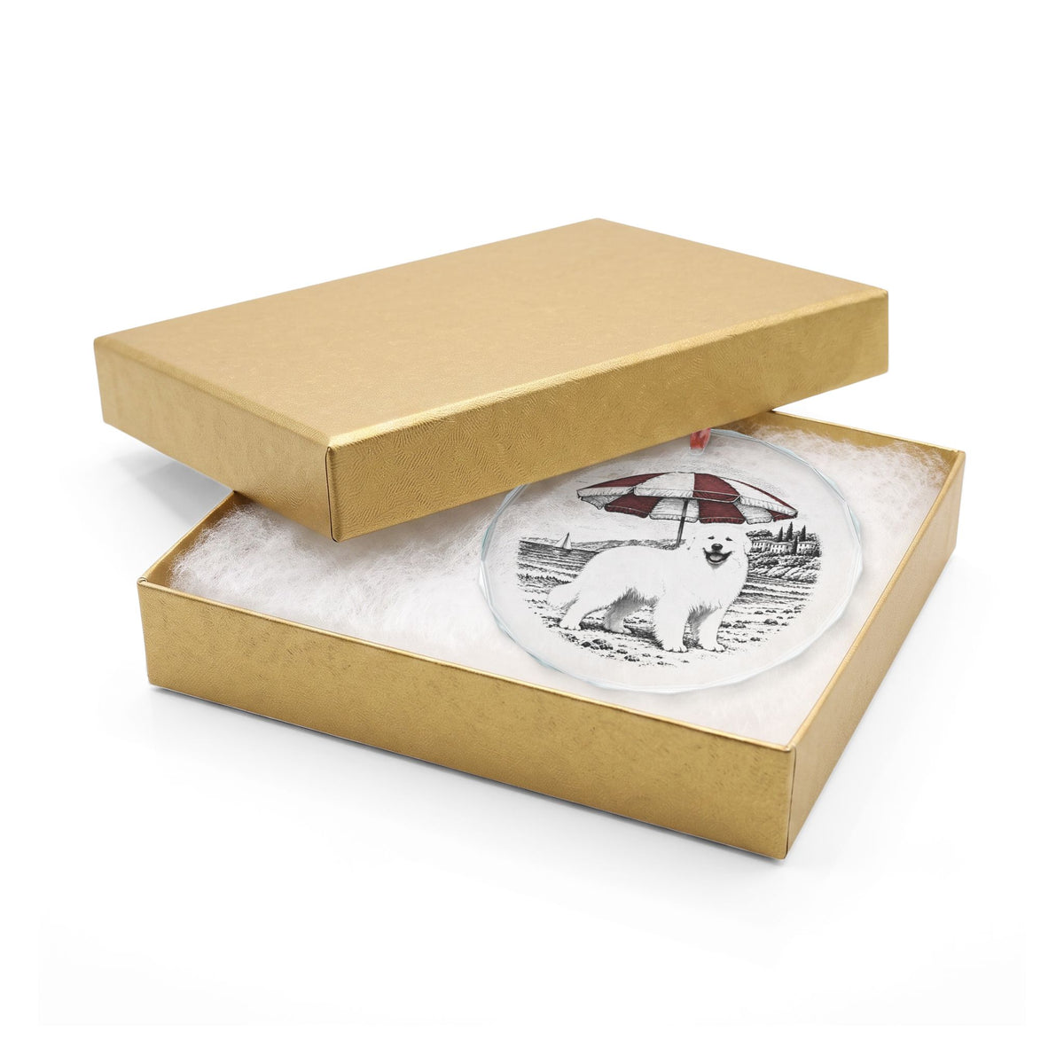 Great Pyrenees Crystal Christmas Ornament in an Open Gold Gift Box
