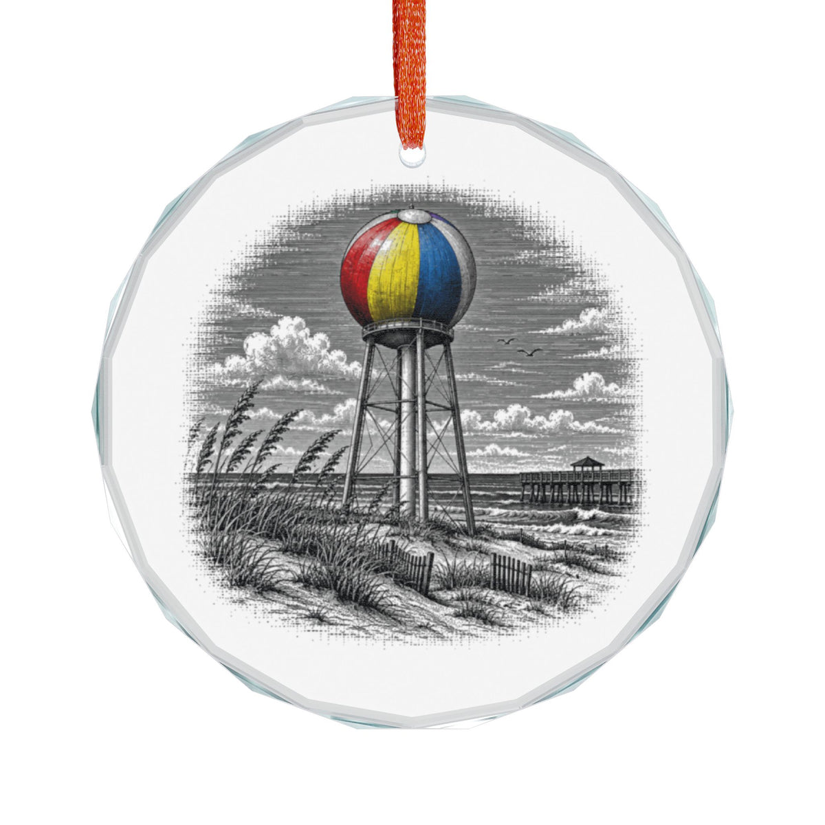 Pensacola Florida Holiday Ornament, Beach Ball Water Tower, Crystal Glass Ornament Hanging on White