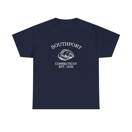 Southport Connecticut Vintage Style Unisex Heavy Cotton Tee - White Retro Oyster Logo, Navy