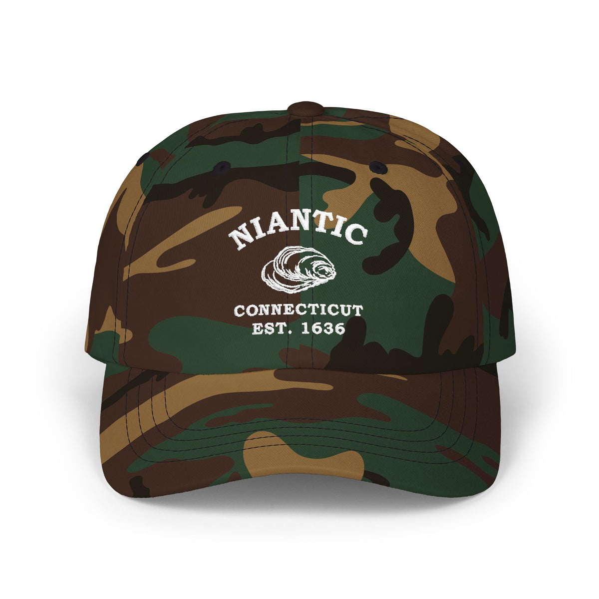 Niantic Connecticut Vintage Retro Embroidered Cotton Cap, Green Camo, White Logo, Merlin Classics