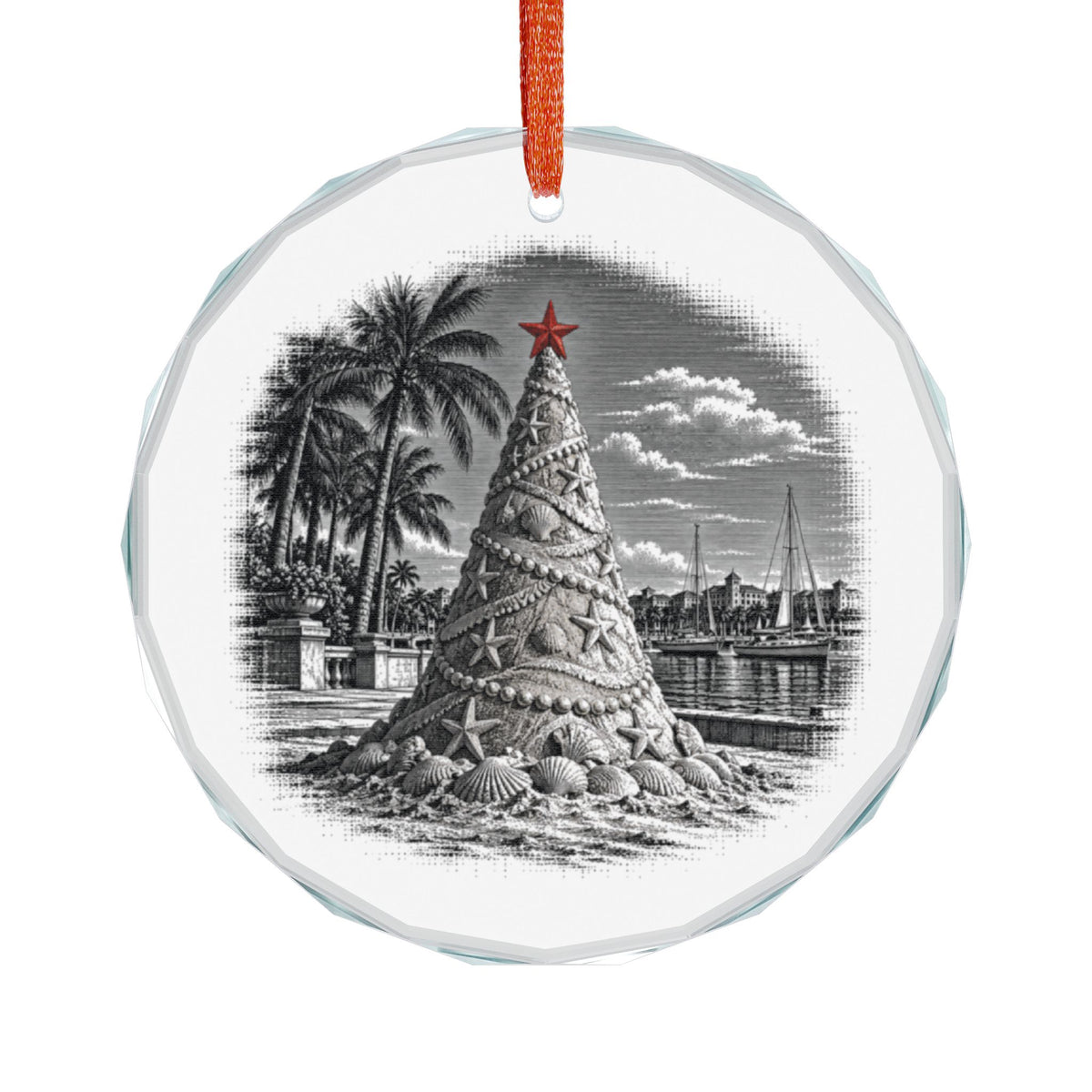 West Palm Beach Florida Holiday Ornament, Sand Christmas Tree, Crystal Glass Ornament Hanging on White