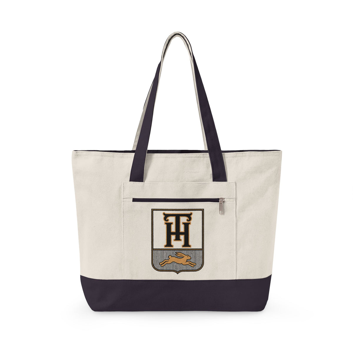 Natural with Navy Trim Team Haas Canvas Tote, TH Family Crest