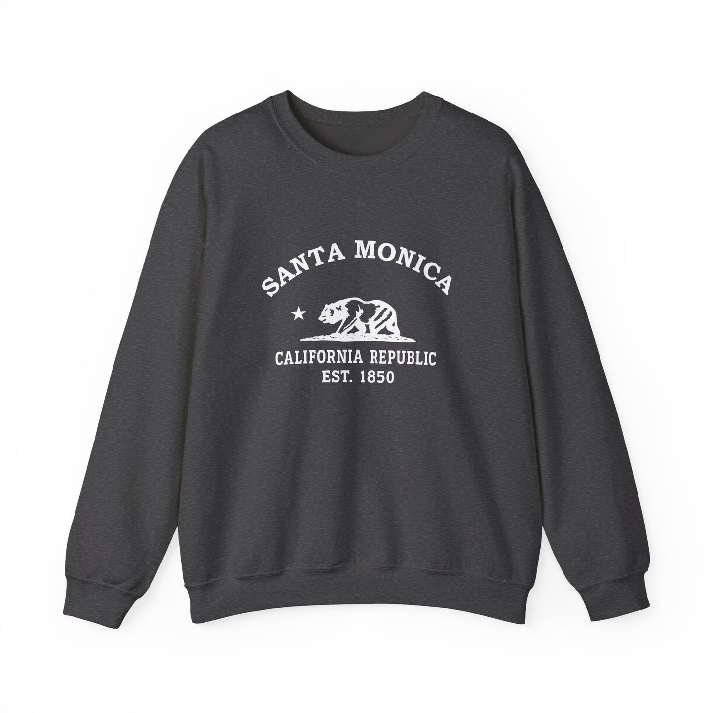 Santa Monica California Vintage Style Unisex Heavy Crewneck Sweatshirt - White Retro Bear Logo, Dark Heather