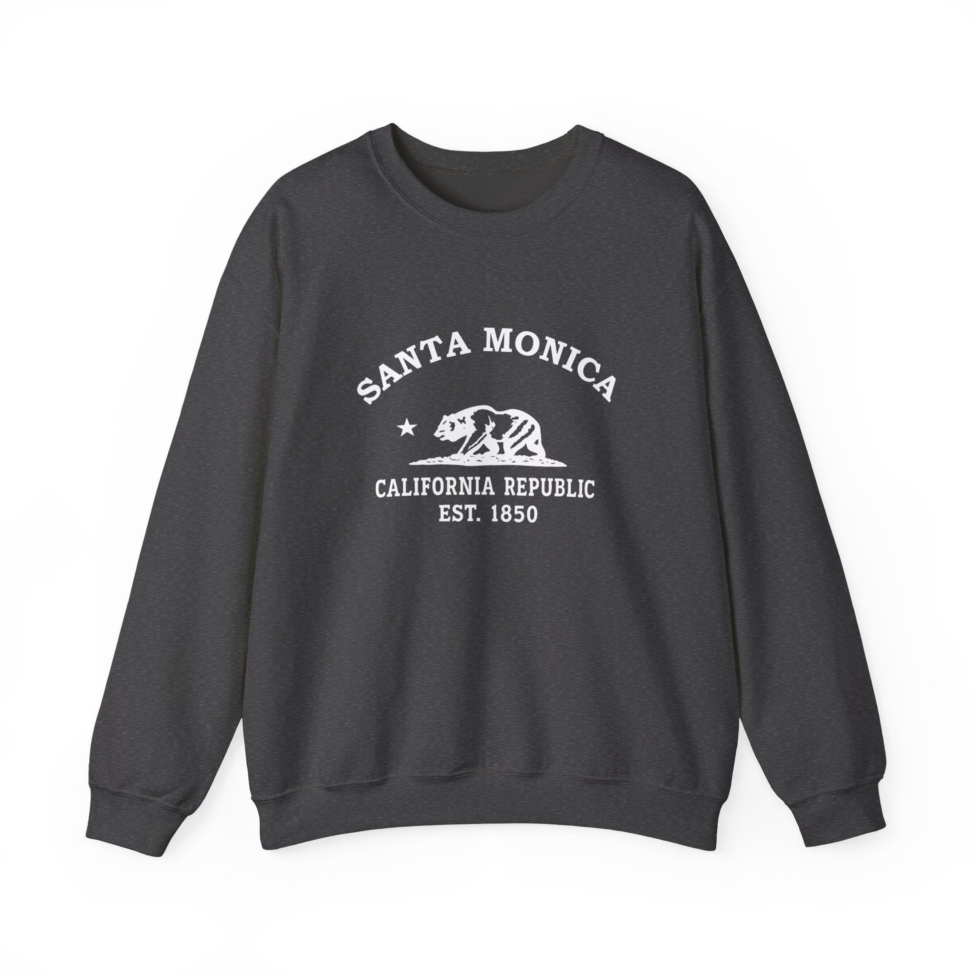 Santa Monica California Vintage Style Unisex Heavy Crewneck Sweatshirt - White Retro Bear Logo, Dark Heather