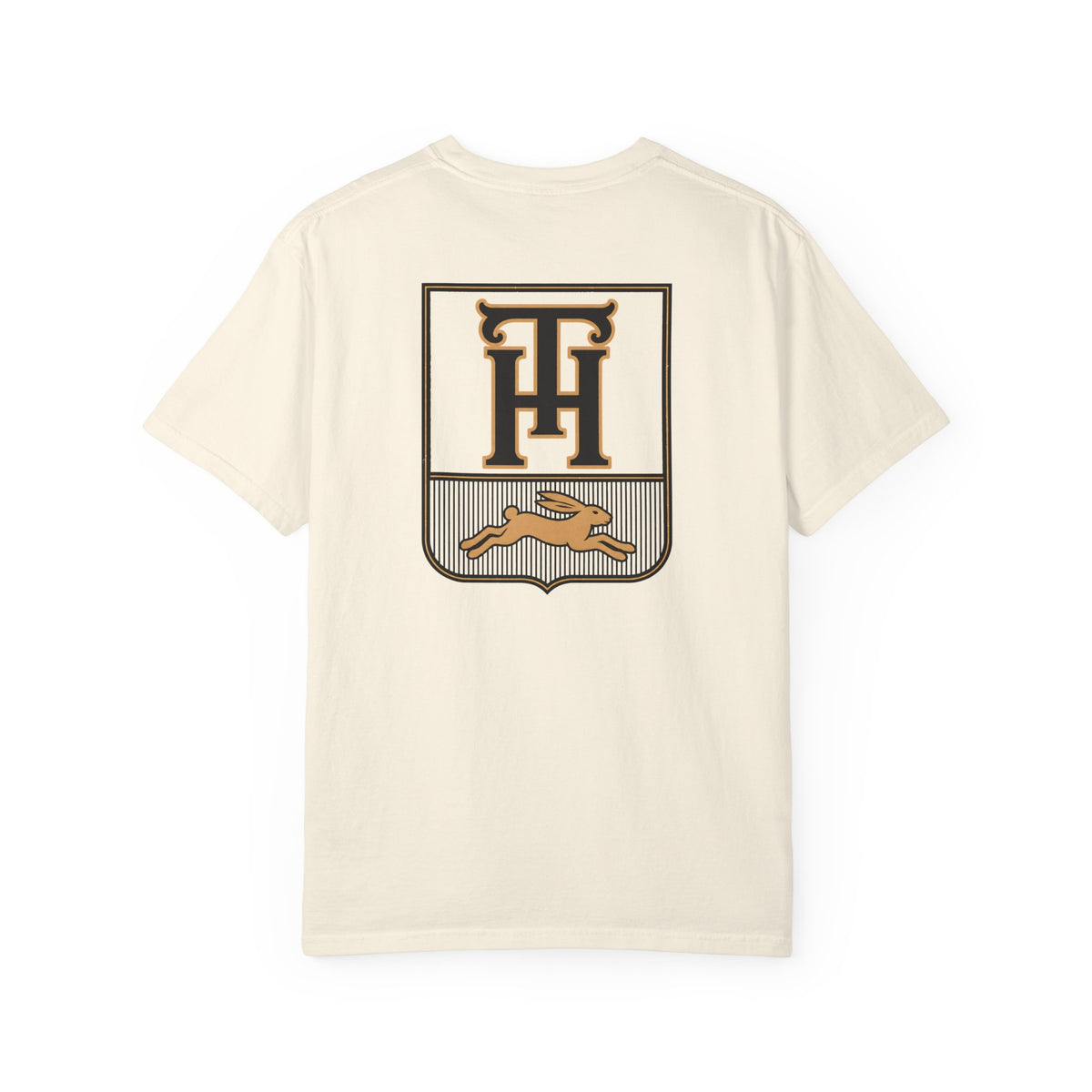 Ivory Team Haas Tee with TH Family Crest and Leaping Hare Seal, Comfort Colors 1717